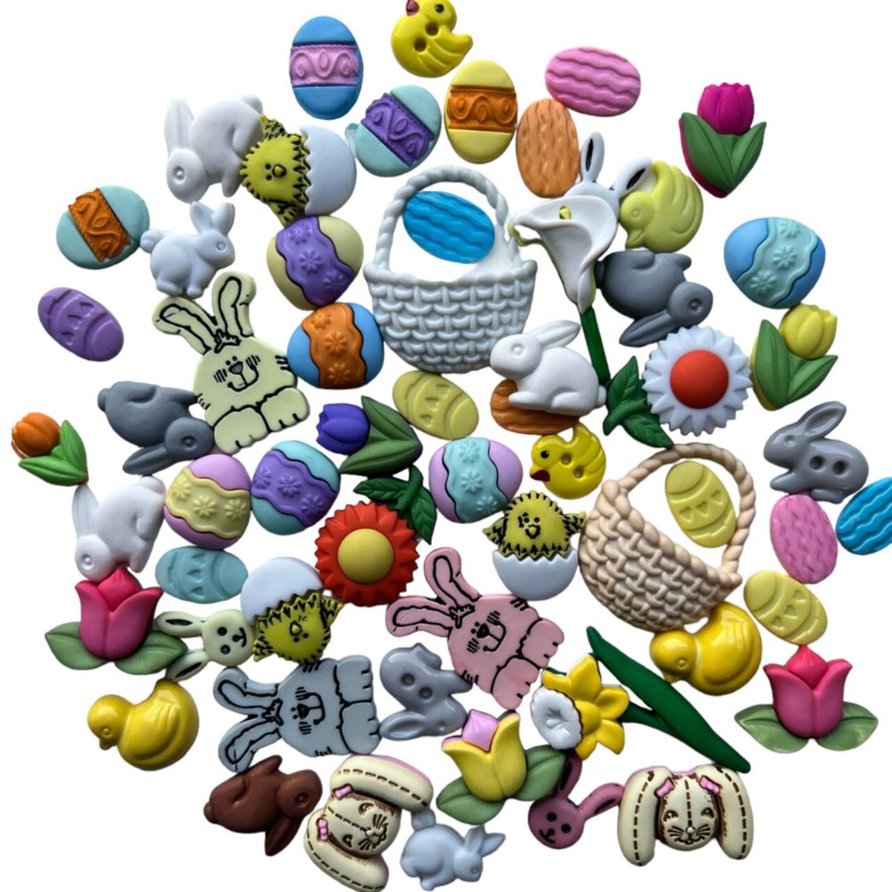 Spring Easter Cute and Colorful 50 Piece Assortment of Novelty Buttons for Sewing and Crafts-Easter Egss,Bunny Rabbit, Flowers